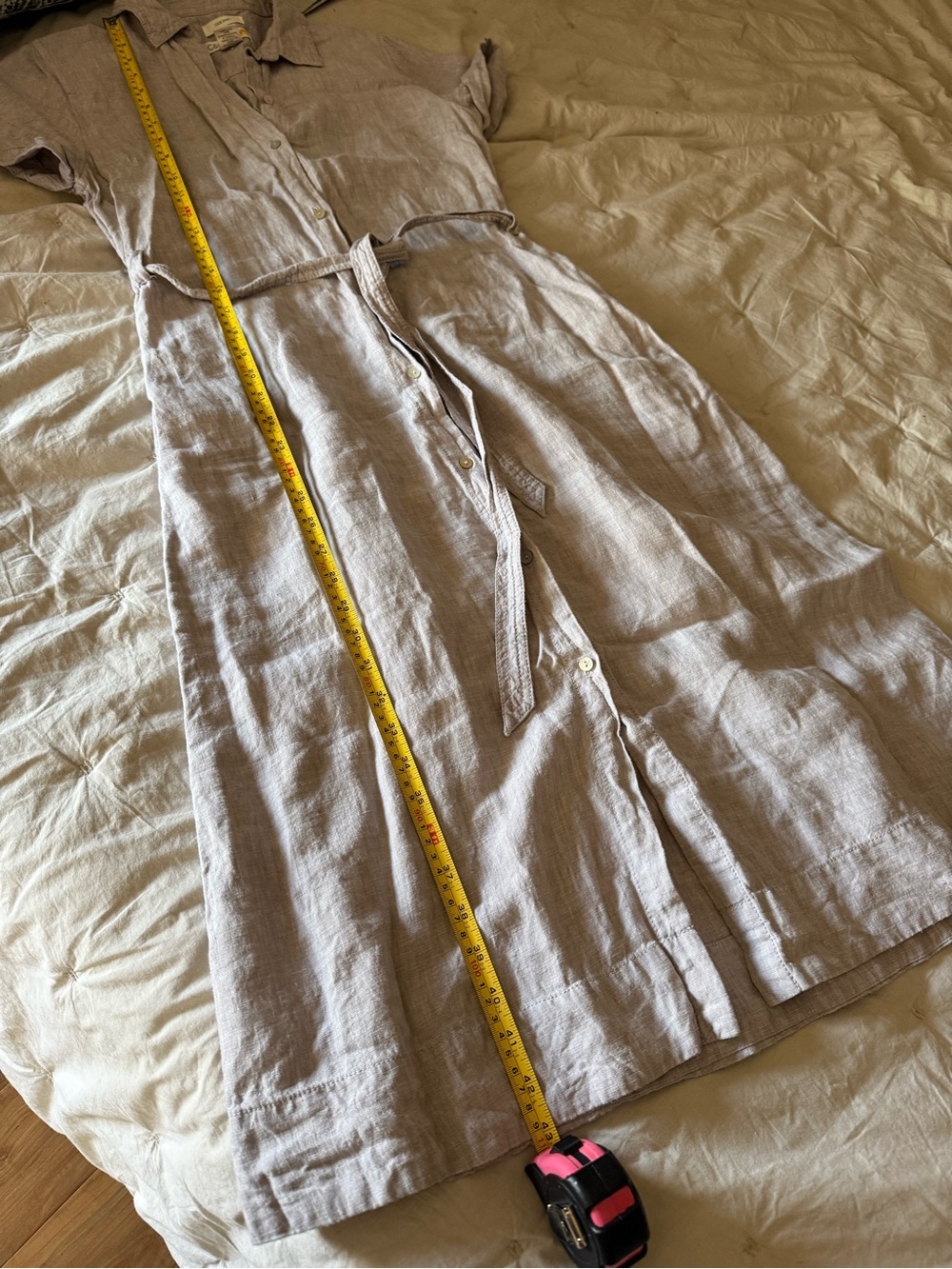 C&C California Light gray Linen Midi Shirt Dress with Tie Waist. - Picture 8 of 10